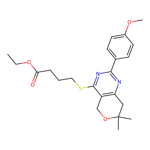 ethyl 4-((2-(4-methoxyphenyl)-7,7-dimethyl-7,8-dihydro-5H-pyrano[4,3-d]pyrimidin-4-yl)thio)butanoate structure