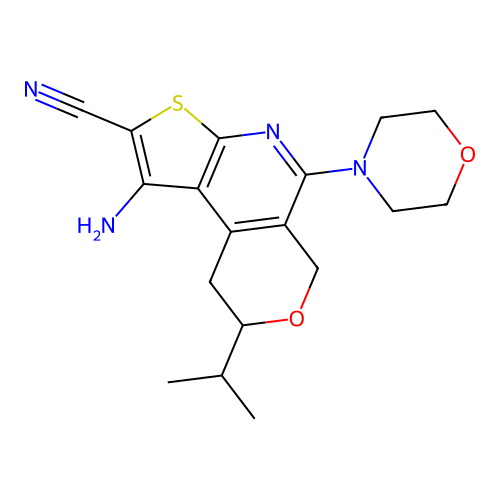 1-amino-5-(morpholin-4-yl)-8-(propan-2-yl)-8,9-dihydro-6H-pyrano[4,3-d]thieno[2,3-b]pyridine-2-carbonitrile structure