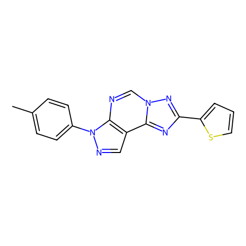 2-(thiophen-2-yl)-7-(p-tolyl)-7H-pyrazolo[4,3-e][1,2,4]triazolo[1,5-c]pyrimidine structure