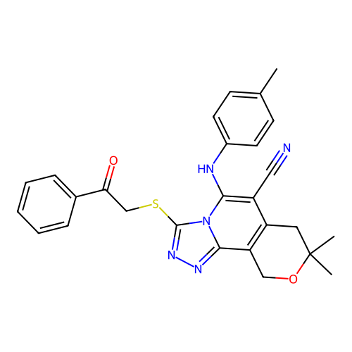8,8-dimethyl-3-((2-oxo-2-phenylethyl)thio)-5-(p-tolylamino)-8,10-dihydro-7H-pyrano[3,4-c][1,2,4]triazolo[4,3-a]pyridine-6-carbonitrile structure