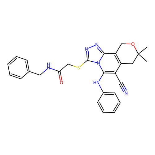N-benzyl-2-((6-cyano-8,8-dimethyl-5-(phenylamino)-8,10-dihydro-7H-pyrano[3,4-c][1,2,4]triazolo[4,3-a]pyridin-3-yl)thio)acetamide structure
