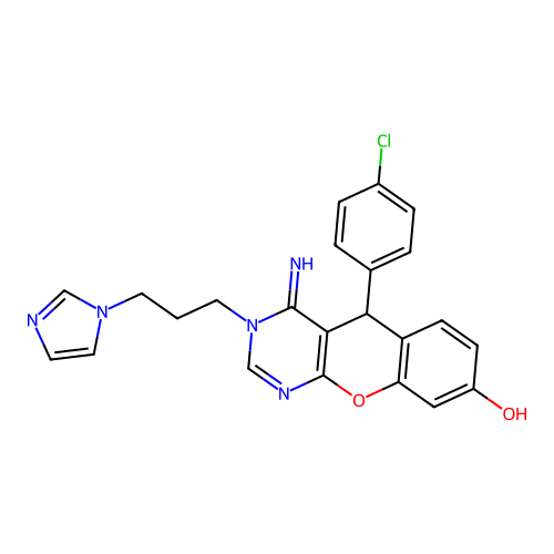 5-(4-chlorophenyl)-3-(3-imidazol-1-ylpropyl)-4-imino-5H-chromeno[2,3-d]pyrimidin-8-ol structure