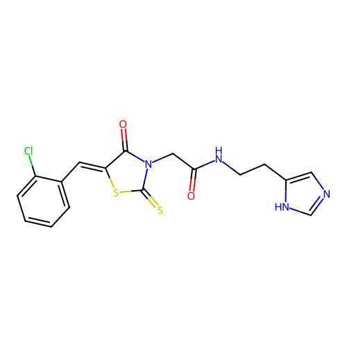 (Z)-N-(2-(1H-imidazol-4-yl)ethyl)-2-(5-(2-chlorobenzylidene)-4-oxo-2-thioxothiazolidin-3-yl)acetamide structure