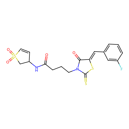 N-(1,1-dioxido-2,3-dihydrothiophen-3-yl)-4-[(5Z)-5-(3-fluorobenzylidene)-4-oxo-2-thioxo-1,3-thiazolidin-3-yl]butanamide structure