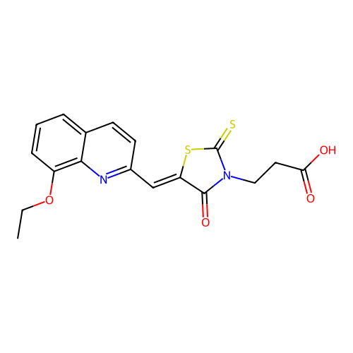 (Z)-3-(5-((8-ethoxyquinolin-2-yl)methylene)-4-oxo-2-thioxothiazolidin-3-yl)propanoic acid structure