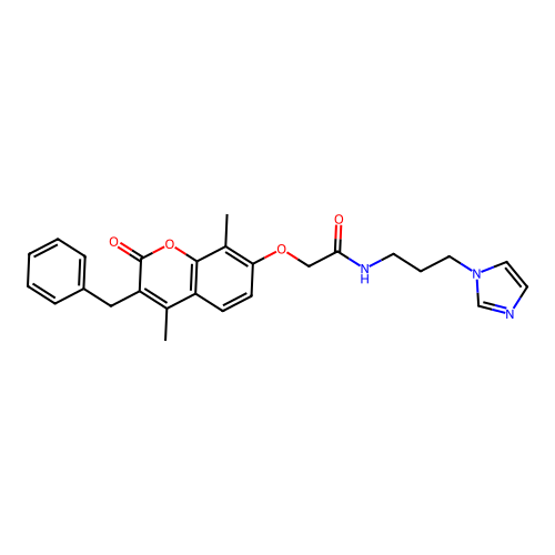2-(3-benzyl-4,8-dimethyl-2-oxo-chromen-7-yl)oxy-N-(3-imidazol-1-ylpropyl)acetamide structure