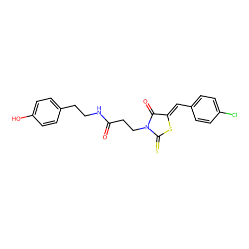 3-[(5Z)-5-(4-chlorobenzylidene)-4-oxo-2-thioxo-1,3-thiazolidin-3-yl]-N-[2-(4-hydroxyphenyl)ethyl]propanamide structure