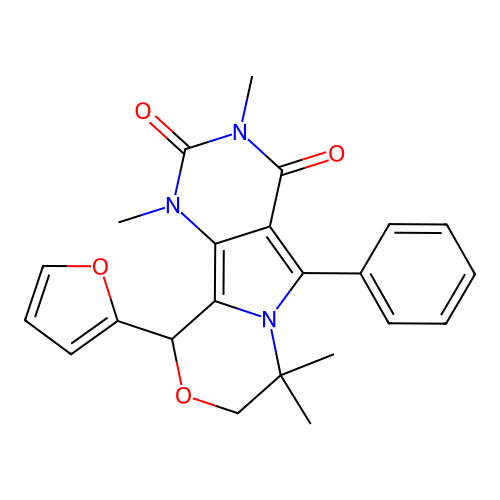 10-(furan-2-yl)-1,3,7,7-tetramethyl-5-phenyl-1,7,8,10-tetrahydro-2H-pyrimido[4',5':3,4]pyrrolo[2,1-c][1,4]oxazine-2,4(3H)-dione structure