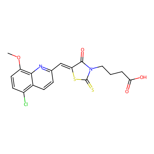 (Z)-4-(5-((5-chloro-8-methoxyquinolin-2-yl)methylene)-4-oxo-2-thioxothiazolidin-3-yl)butanoic acid structure