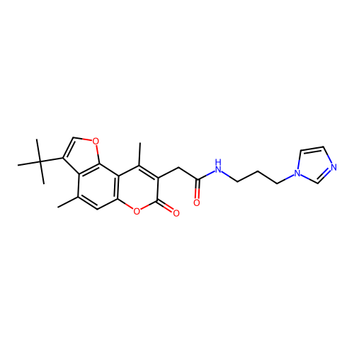 2-(3-tert-butyl-4,9-dimethyl-7-oxo-7H-furo[2,3-f]chromen-8-yl)-N-[3-(1H-imidazol-1-yl)propyl]acetamide structure