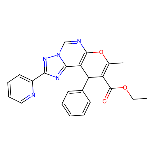 ethyl 8-methyl-10-phenyl-2-(pyridin-2-yl)-10H-pyrano[3,2-e][1,2,4]triazolo[1,5-c]pyrimidine-9-carboxylate structure
