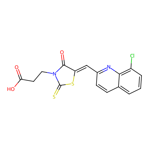 3-{(5Z)-5-[(8-chloroquinolin-2-yl)methylidene]-4-oxo-2-thioxo-1,3-thiazolidin-3-yl}propanoic acid structure