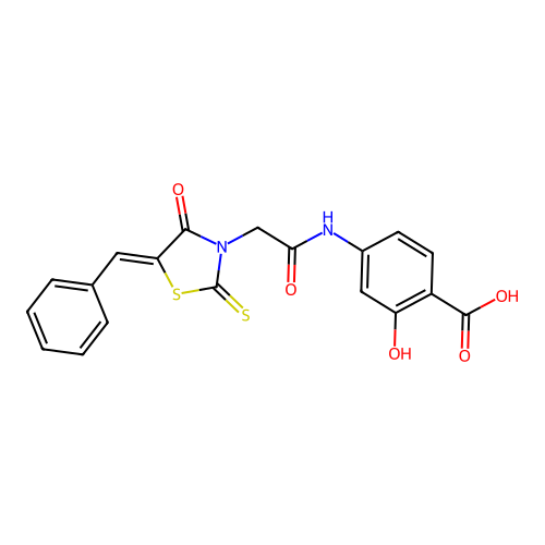 4-({[(5Z)-5-benzylidene-4-oxo-2-thioxo-1,3-thiazolidin-3-yl]acetyl}amino)-2-hydroxybenzoic acid structure