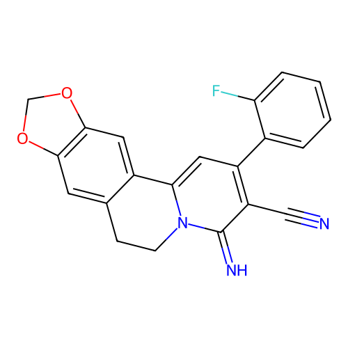 2-(2-fluorophenyl)-4-imino-6,7-dihydro-4H-[1,3]dioxolo[4,5-g]pyrido[2,1-a]isoquinoline-3-carbonitrile structure