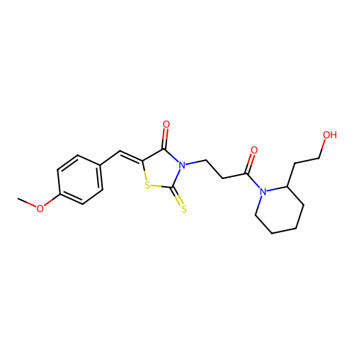 (Z)-3-(3-(2-(2-hydroxyethyl)piperidin-1-yl)-3-oxopropyl)-5-(4-methoxybenzylidene)-2-thioxothiazolidin-4-one structure