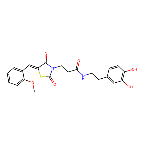 N-[2-(3,4-dihydroxyphenyl)ethyl]-3-[(5Z)-5-(2-methoxybenzylidene)-2,4-dioxo-1,3-thiazolidin-3-yl]propanamide structure