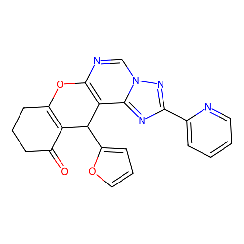 12-(furan-2-yl)-2-(pyridin-2-yl)-8,9,10,12-tetrahydro-11H-chromeno[3,2-e][1,2,4]triazolo[1,5-c]pyrimidin-11-one structure