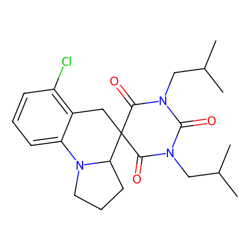 6'-chloro-1,3-bis(2-methylpropyl)-1',2',3',3a'-tetrahydro-2H,5'H-spiro[pyrimidine-5,4'-pyrrolo[1,2-a]quinoline]-2,4,6(1H,3H)-trione structure