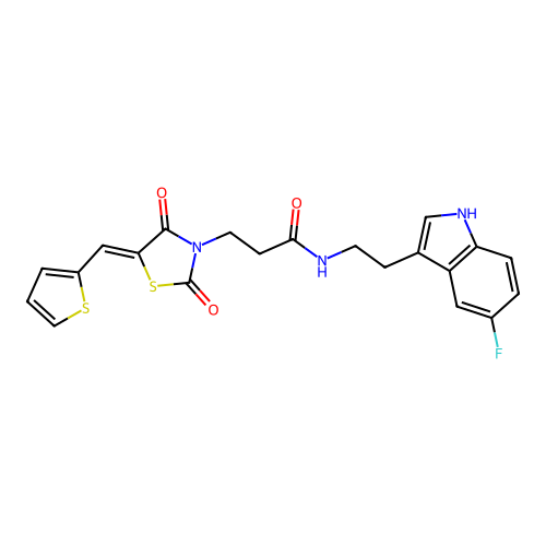 3-[(5Z)-2,4-dioxo-5-(thiophen-2-ylmethylidene)-1,3-thiazolidin-3-yl]-N-[2-(5-fluoro-1H-indol-3-yl)ethyl]propanamide structure