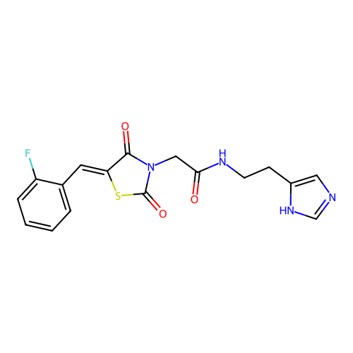 2-[(5Z)-5-(2-fluorobenzylidene)-2,4-dioxo-1,3-thiazolidin-3-yl]-N-[2-(1H-imidazol-4-yl)ethyl]acetamide structure