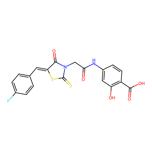 4-({[(5Z)-5-(4-fluorobenzylidene)-4-oxo-2-thioxo-1,3-thiazolidin-3-yl]acetyl}amino)-2-hydroxybenzoic acid structure