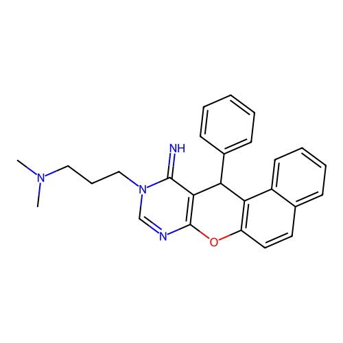 3-(11-imino-12-phenyl-11,12-dihydro-10H-benzo[5,6]chromeno[2,3-d]pyrimidin-10-yl)-N,N-dimethylpropan-1-amine structure