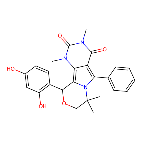 10-(2,4-dihydroxyphenyl)-1,3,7,7-tetramethyl-5-phenyl-1,7,8,10-tetrahydro-2H-pyrimido[4',5':3,4]pyrrolo[2,1-c][1,4]oxazine-2,4(3H)-dione structure