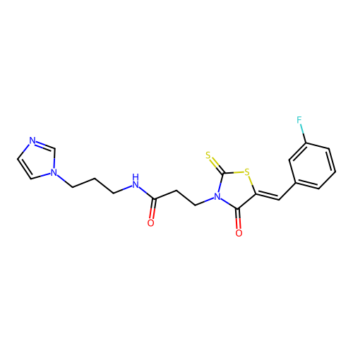 3-[(5Z)-5-(3-fluorobenzylidene)-4-oxo-2-thioxo-1,3-thiazolidin-3-yl]-N-[3-(1H-imidazol-1-yl)propyl]propanamide structure