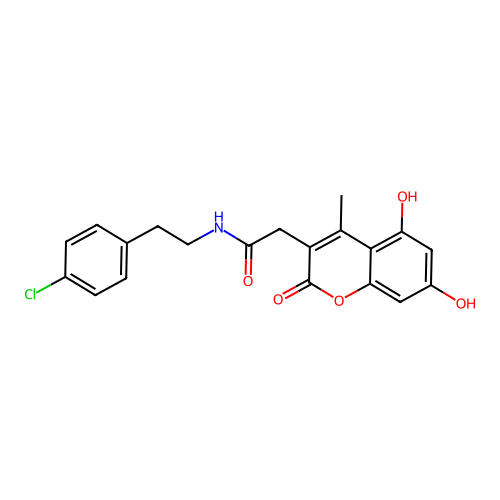 N-(4-chlorophenethyl)-2-(5,7-dihydroxy-4-methyl-2-oxo-2H-chromen-3-yl)acetamide structure