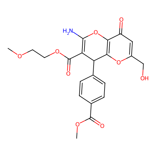 2-methoxyethyl 2-amino-6-(hydroxymethyl)-4-[4-(methoxycarbonyl)phenyl]-8-oxo-4,8-dihydropyrano[3,2-b]pyran-3-carboxylate structure