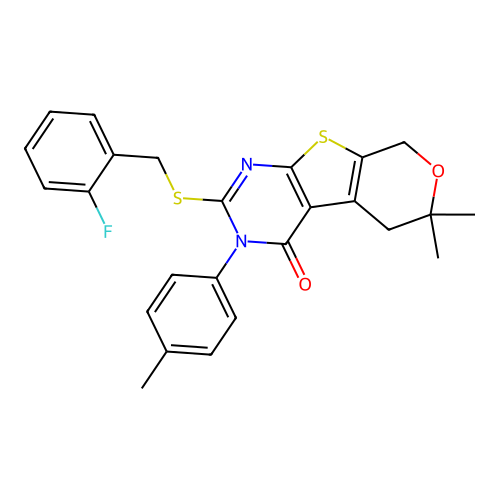 2-((2-fluorobenzyl)thio)-6,6-dimethyl-3-(p-tolyl)-5,6-dihydro-3H-pyrano[4',3':4,5]thieno[2,3-d]pyrimidin-4(8H)-one structure