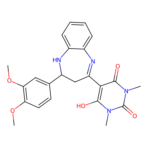 5-(4-(3,4-dimethoxyphenyl)-4,5-dihydro-1H-benzo[b][1,4]diazepin-2(3H)-ylidene)-1,3-dimethylpyrimidine-2,4,6(1H,3H,5H)-trione structure