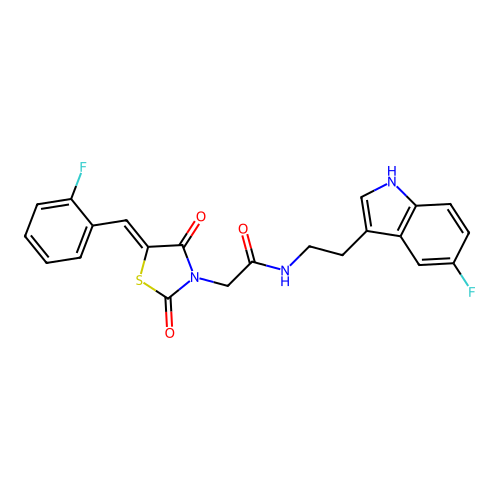 2-[(5Z)-5-(2-fluorobenzylidene)-2,4-dioxo-1,3-thiazolidin-3-yl]-N-[2-(5-fluoro-1H-indol-3-yl)ethyl]acetamide structure