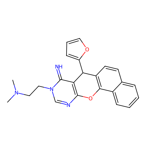 2-(7-(furan-2-yl)-8-imino-7H-benzo[7,8]chromeno[2,3-d]pyrimidin-9(8H)-yl)-N,N-dimethylethanamine structure
