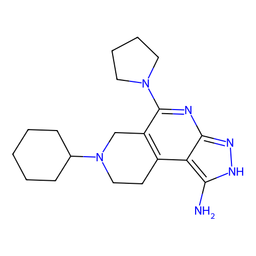 7-cyclohexyl-5-(pyrrolidin-1-yl)-6,7,8,9-tetrahydro-3H-pyrazolo[3,4-c][2,7]naphthyridin-1-amine structure