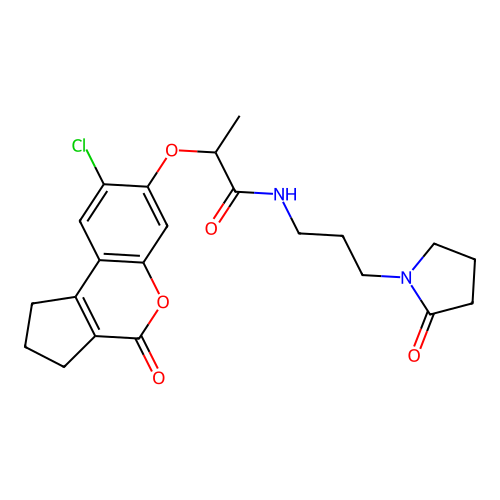 2-((8-chloro-4-oxo-1,2,3,4-tetrahydrocyclopenta[c]chromen-7-yl)oxy)-N-(3-(2-oxopyrrolidin-1-yl)propyl)propanamide structure