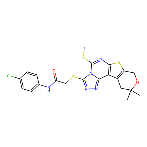 N-(4-chlorophenyl)-2-((10,10-dimethyl-5-(methylthio)-10,11-dihydro-8H-pyrano[4',3':4,5]thieno[3,2-e][1,2,4]triazolo[4,3-c]pyrimidin-3-yl)thio)acetamide structure