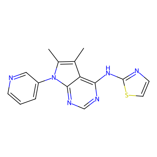 5,6-dimethyl-7-(pyridin-3-yl)-N-(1,3-thiazol-2-yl)-7H-pyrrolo[2,3-d]pyrimidin-4-amine structure