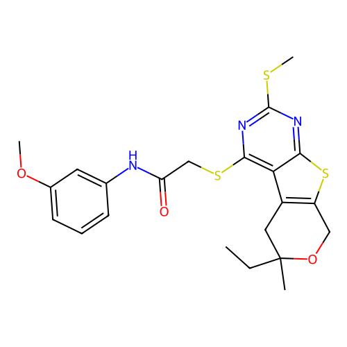 2-((6-ethyl-6-methyl-2-(methylthio)-6,8-dihydro-5H-pyrano[4',3':4,5]thieno[2,3-d]pyrimidin-4-yl)thio)-N-(3-methoxyphenyl)acetamide structure