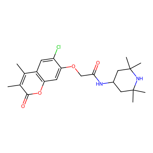 2-((6-chloro-3,4-dimethyl-2-oxo-2H-chromen-7-yl)oxy)-N-(2,2,6,6-tetramethylpiperidin-4-yl)acetamide structure