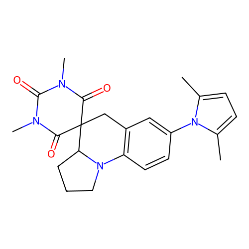 7'-(2,5-dimethyl-1H-pyrrol-1-yl)-1,3-dimethyl-1',2',3',3a'-tetrahydro-2H,5'H-spiro[pyrimidine-5,4'-pyrrolo[1,2-a]quinoline]-2,4,6(1H,3H)-trione structure