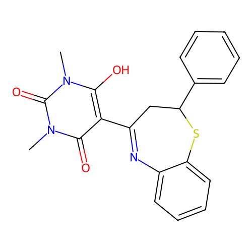 6-HYDROXY-1,3-DIMETHYL-5-(2-PHENYL-2,3-DIHYDRO-1,5-BENZOTHIAZEPIN-4-YL)-1,2,3,4-TETRAHYDROPYRIMIDINE-2,4-DIONE structure