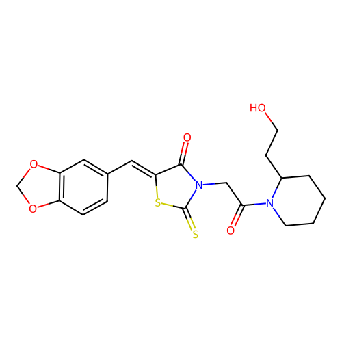 (5Z)-5-(1,3-benzodioxol-5-ylmethylidene)-3-{2-[2-(2-hydroxyethyl)piperidin-1-yl]-2-oxoethyl}-2-thioxo-1,3-thiazolidin-4-one structure