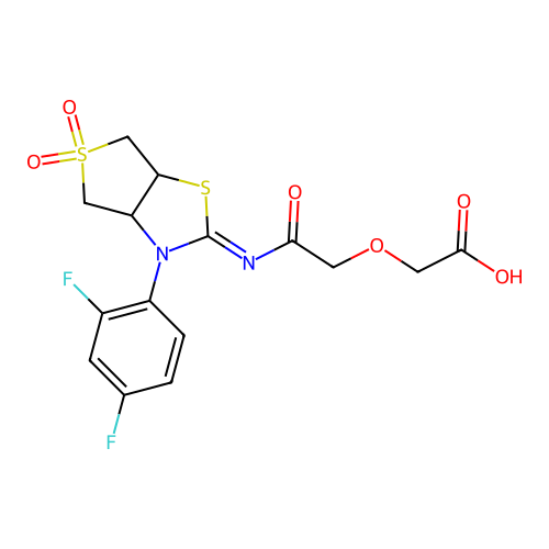(2-{[(2Z)-3-(2,4-difluorophenyl)-5,5-dioxidotetrahydrothieno[3,4-d][1,3]thiazol-2(3H)-ylidene]amino}-2-oxoethoxy)acetic acid structure