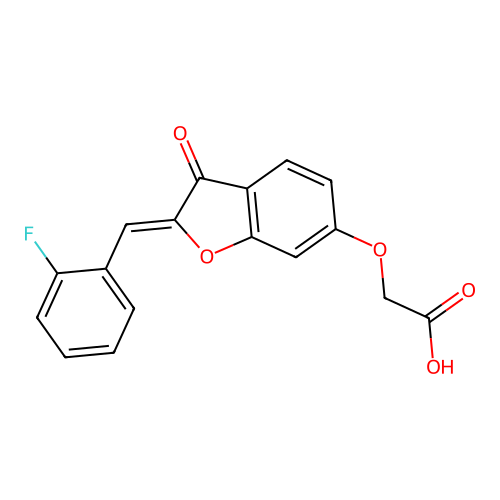 (Z)-2-((2-(2-fluorobenzylidene)-3-oxo-2,3-dihydrobenzofuran-6-yl)oxy)acetic acid structure