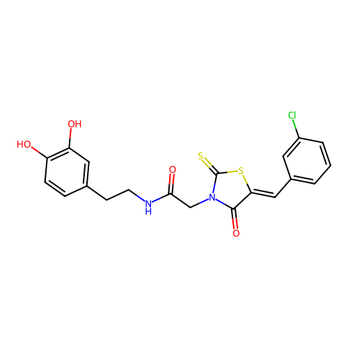 2-[(5Z)-5-(3-chlorobenzylidene)-4-oxo-2-thioxo-1,3-thiazolidin-3-yl]-N-[2-(3,4-dihydroxyphenyl)ethyl]acetamide structure