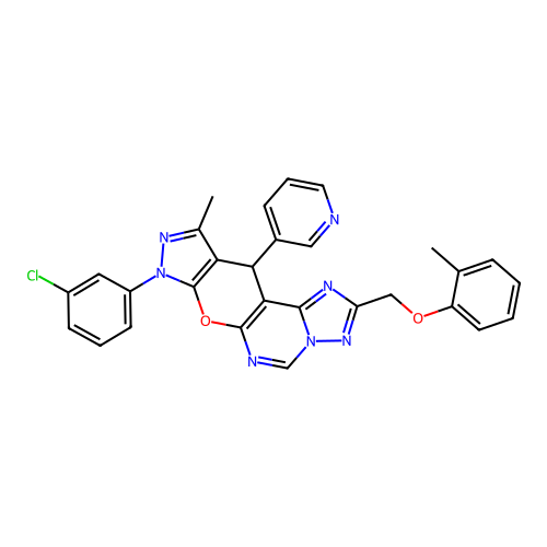 8-(3-chlorophenyl)-10-methyl-11-(pyridin-3-yl)-2-((o-tolyloxy)methyl)-8,11-dihydropyrazolo[4',3':5,6]pyrano[3,2-e][1,2,4]triazolo[1,5-c]pyrimidine structure