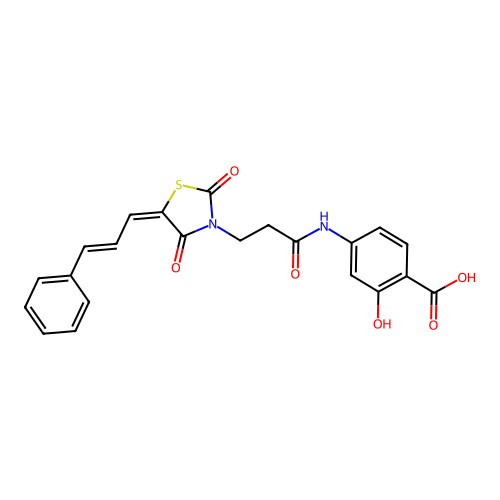 4-[(3-{(5E)-2,4-dioxo-5-[(2E)-3-phenylprop-2-en-1-ylidene]-1,3-thiazolidin-3-yl}propanoyl)amino]-2-hydroxybenzoic acid structure
