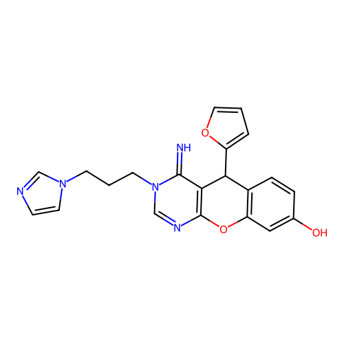 5-(furan-2-yl)-3-[3-(1H-imidazol-1-yl)propyl]-4-imino-3,5-dihydro-4H-chromeno[2,3-d]pyrimidin-8-ol structure