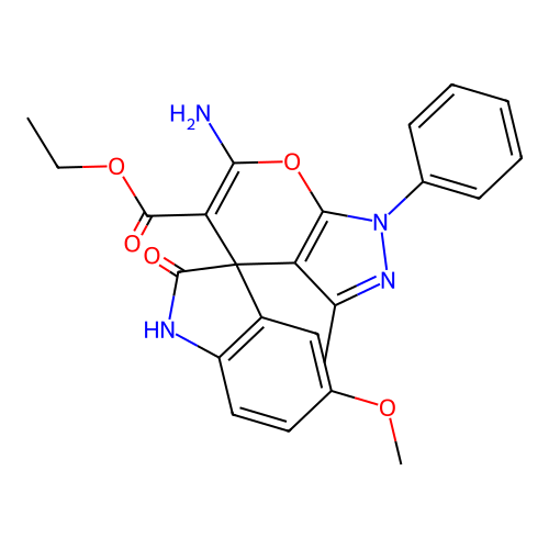 ethyl 6'-amino-5-methoxy-3'-methyl-2-oxo-1'-phenyl-1'H-spiro[indoline-3,4'-pyrano[2,3-c]pyrazole]-5'-carboxylate structure